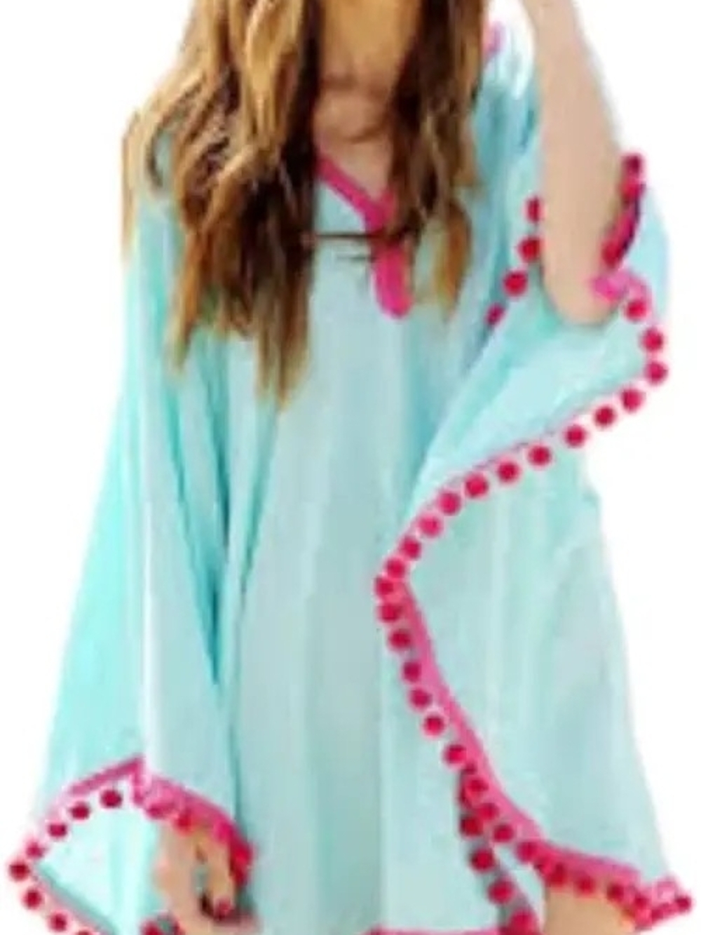 Aqua Blue Women's Swim Cover-Up Poncho with Pink Pom Pom Trim Size S
